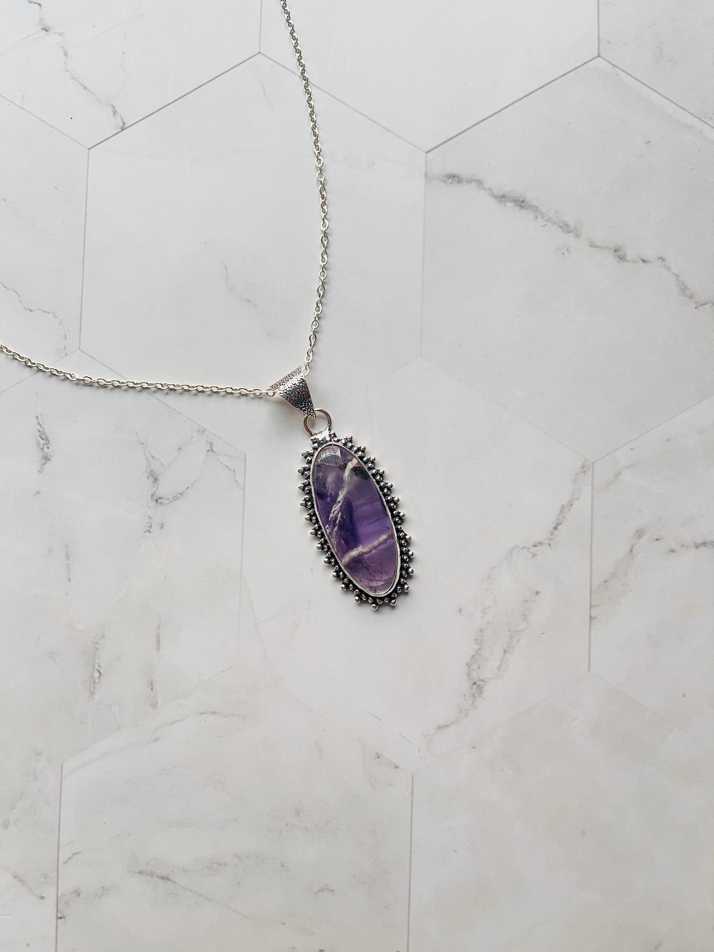 Amethyst Silver Frame Pendant ( with Chain )