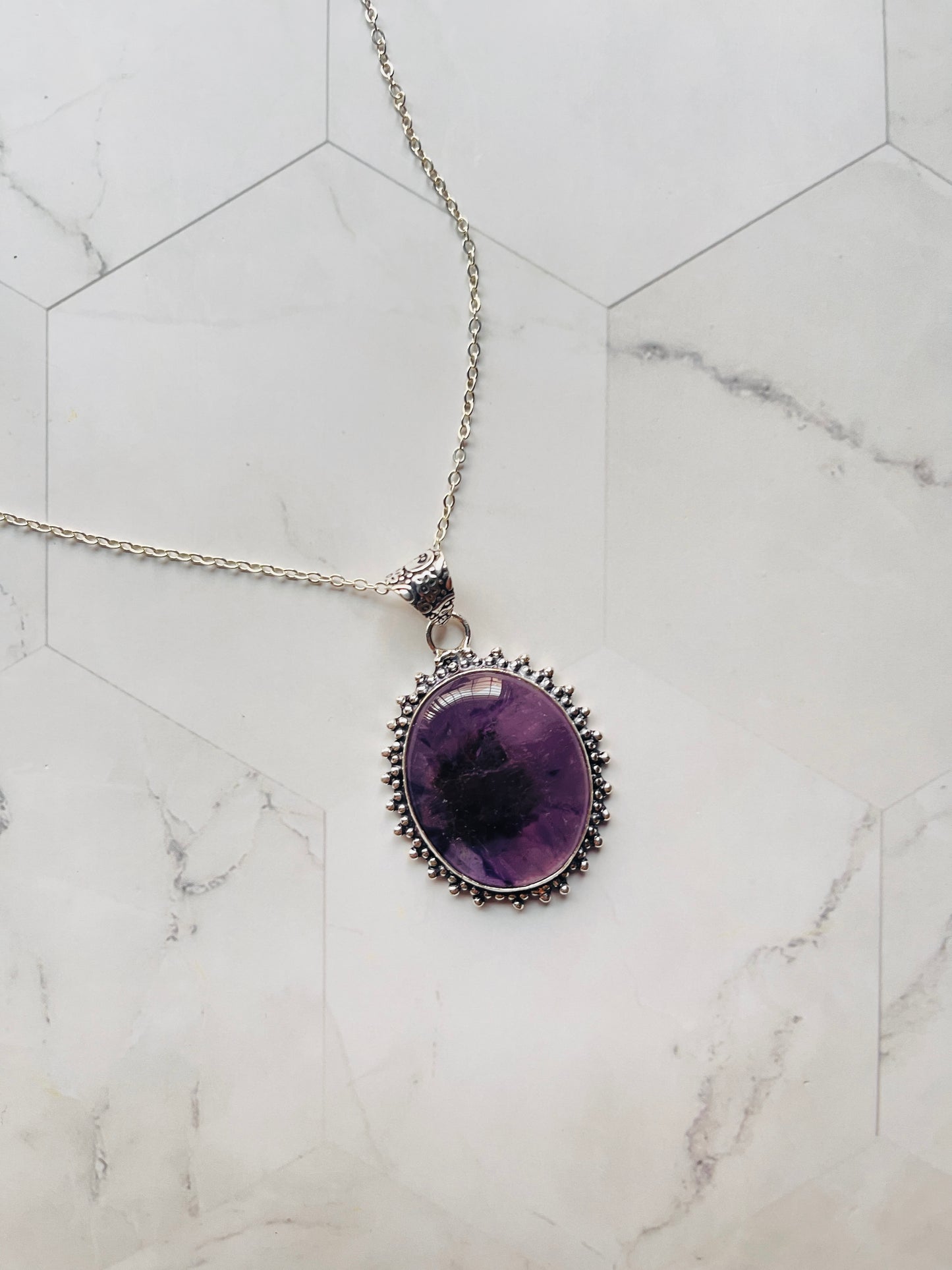 Amethyst Silver Frame Pendant ( with Chain )