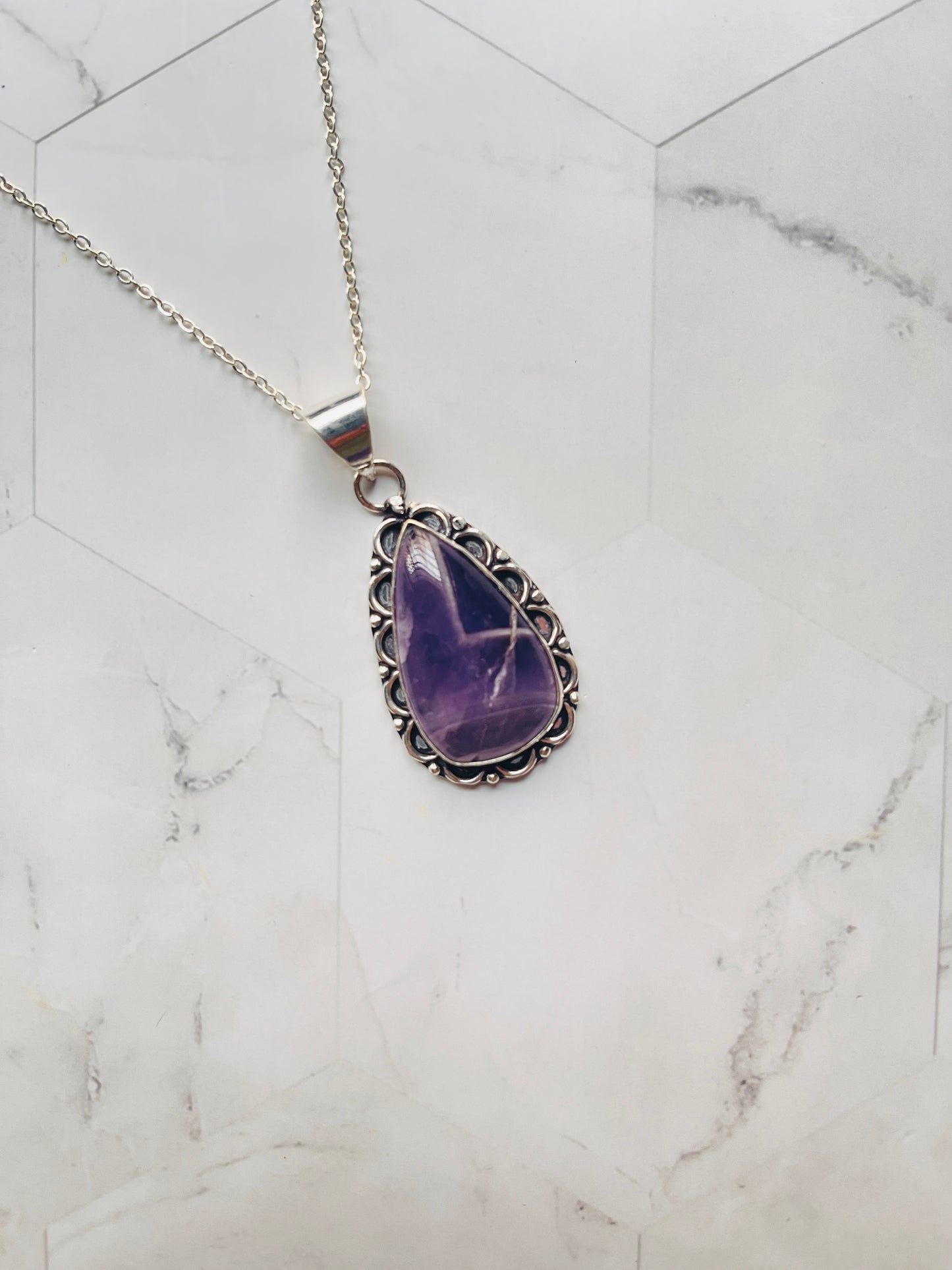 Amethyst Silver Frame Pendant ( with Chain )